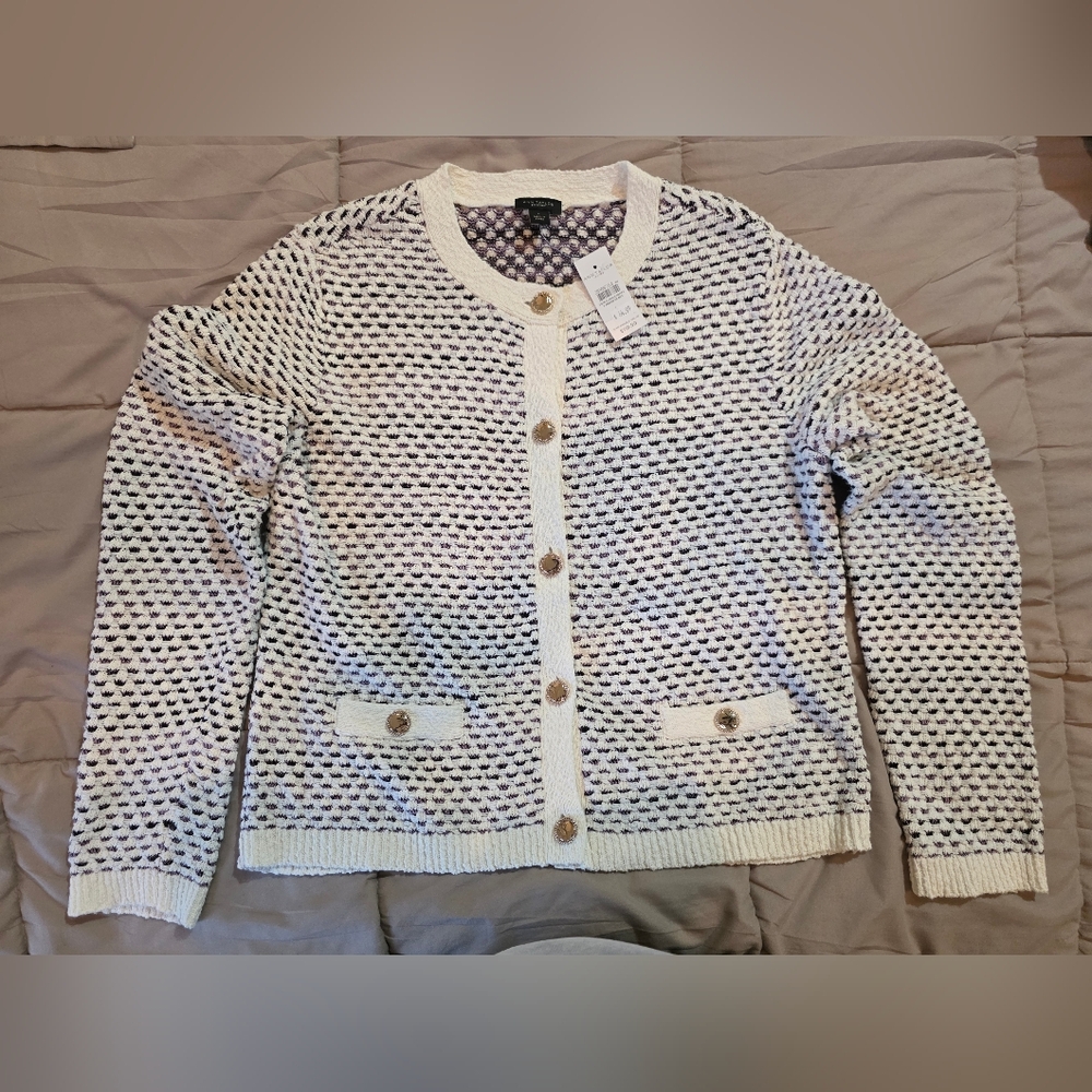 Ann Taylor Cream and Navy Textured Knit Cardigan